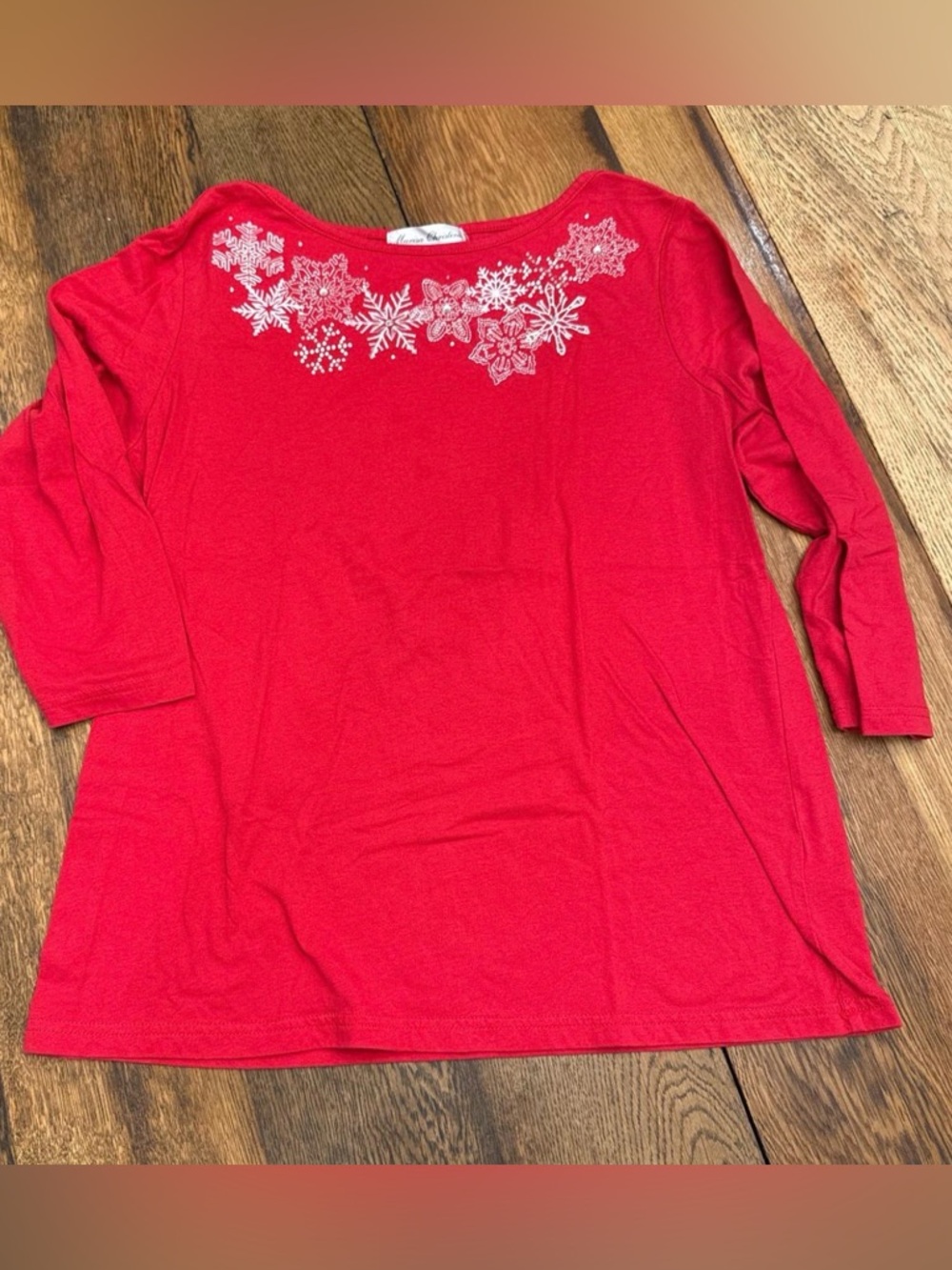 Marisa Christina Red Scoop Neck Top with Silver Snowflake Detail